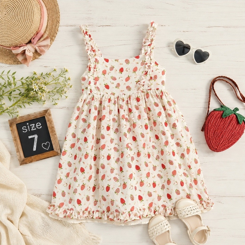 Joie Dress Girls Size 7 Sleeveless Ruffle Cottagecore Strawberry Pink White